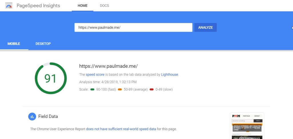 Paulmade.me Page Speed Insights with Google Workbox PWA